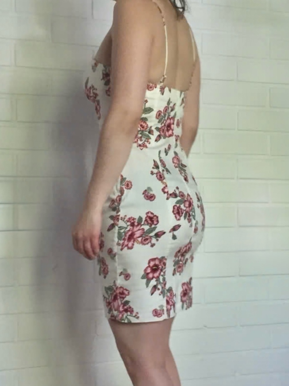 🌺 White Denim Bustier Hibiscus Floral Dress H&M Pink Flowers Large Sweetheart